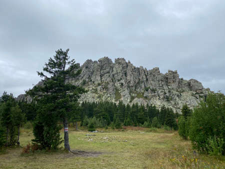 May meadows. View of the Otkliknoy ridge. The hand made spiral of stones on the grass. The popular tourist destination. Taganay national Park. Zlatoust city. Chelyabinsk region. South Ural. Russia.の写真素材