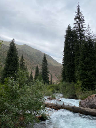 Descent from the Kegety Pass on the northern side of the slope. Kegety River. Tien Shan Mountains. Chui region. Kyrgyzstan.の写真素材