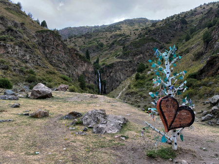 Descent from the Kegety Pass on the northern side of the slope. Kegety Waterfall. Tien Shan Mountains. Chui region. Kyrgyzstan.の写真素材