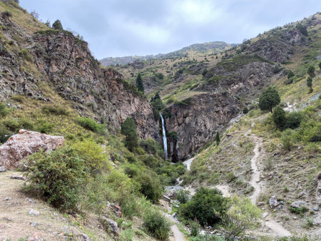 Descent from the Kegety Pass on the northern side of the slope. Kegety Waterfall. Tien Shan Mountains. Chui region. Kyrgyzstan.の写真素材