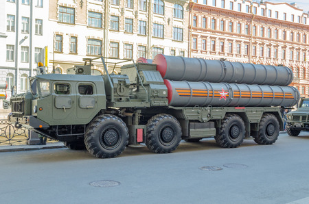 Anti-aircraft missile system parked on the street in St. Petersburgのeditorial素材