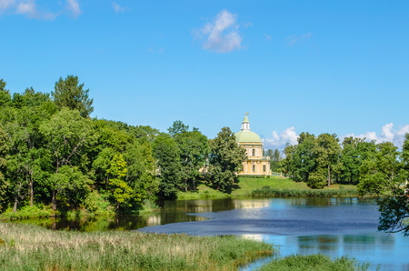 A fragment of the Oranienbaum Palace on the opposite shore of the lake.のeditorial素材