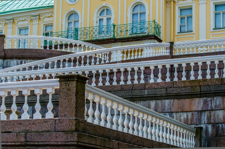 Geometric lines with white balustrades and railings on the marble stairs of the Palace in Oranienbaumのeditorial素材