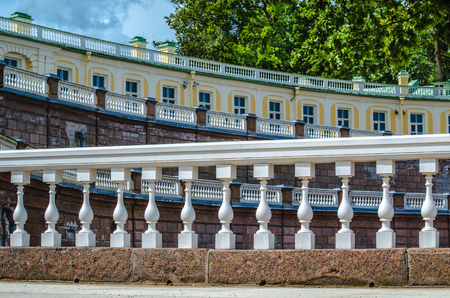 Geometric lines with white balustrades and railings on the marble stairs of the Palace in Oranienbaumのeditorial素材