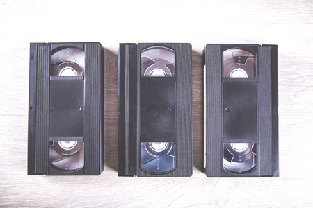 vintage cassettes on tableの写真素材