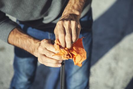 worker hand rod  and  cloth in the nature