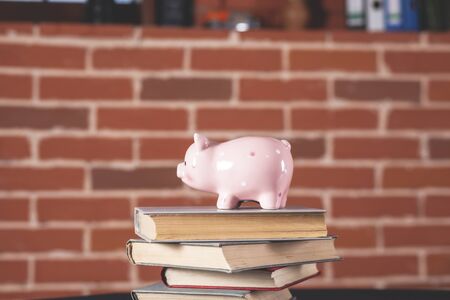 piggy bank on book on brick wall backgroundの写真素材