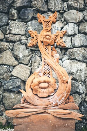 Beautiful carved khachkar art of Armenian masters, stone carvingの写真素材