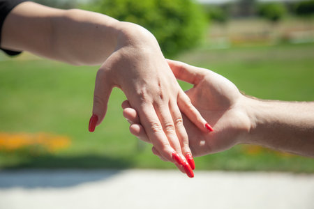 Close up on a couple holding hands in the parkの写真素材