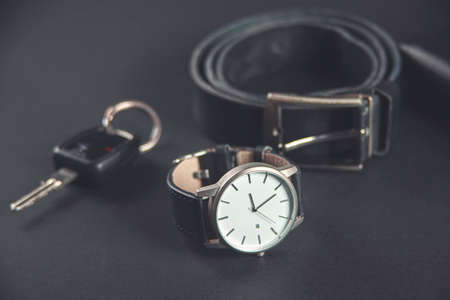 man different classic accessories on wooden tableの写真素材