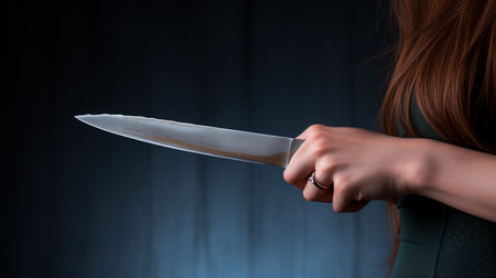 a woman holding a knife in her handの素材