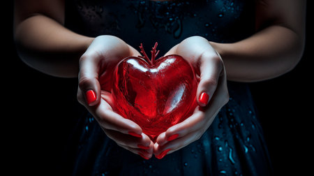 a woman holding a red heart in her handsの素材