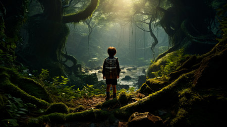a boy walking through a forest towards a bright lightの素材