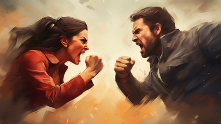 a man and a woman are fighting with each otherの素材