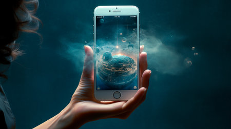 a woman holding a cell phone in her handsの素材