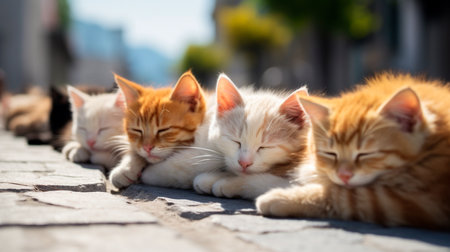 two cats sleeping on a stone floor next to a wallの素材
