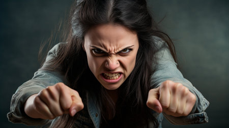 a woman with a bloody face and a fistの素材