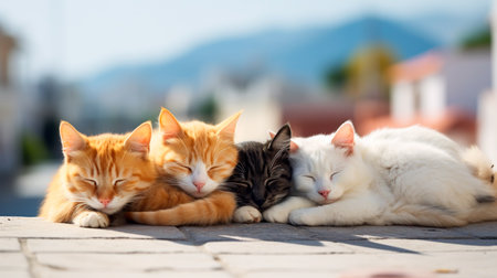 two cats sleeping on a stone floor next to a wallの素材