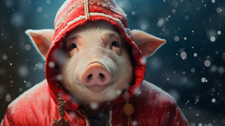 a pig wearing a santa hat and scarfの素材