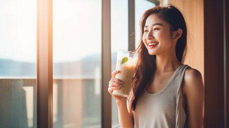 a woman holding a drink in her handの素材