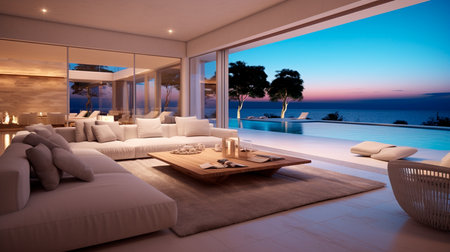 a living room with a pool and a view of the oceanの素材