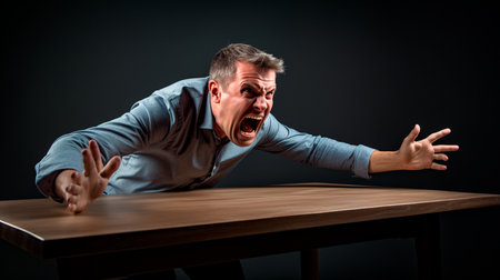 a man is screaming over a tableの素材