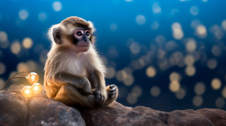 a monkey sitting on a rock looking at the cameraの素材