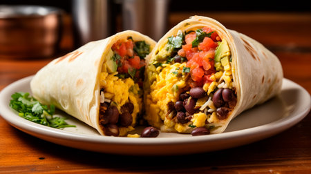 a burrito cut in half on a wooden tableの素材