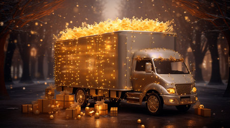 a cart with presents on it in the snowの素材