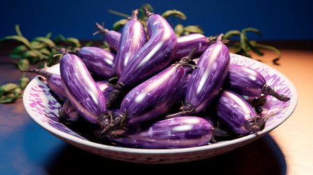 a bowl of purple eggplant sitting on a tableの素材