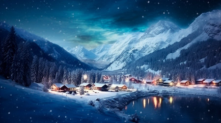 a snowy mountain village with a lake and a churchの素材