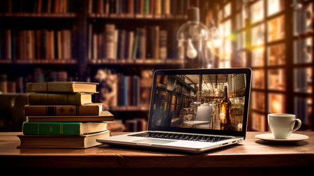 a laptop computer sitting on top of a wooden tableの素材