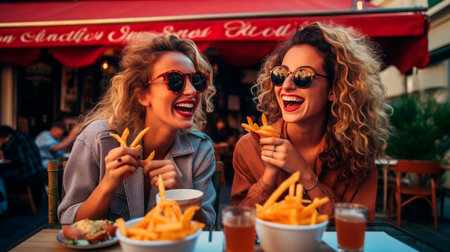 two women eating French fries at a restaurantの素材