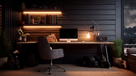 a desk with a computer and a chairの素材