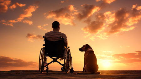 a man in a wheelchair with a dog sitting next to himの素材