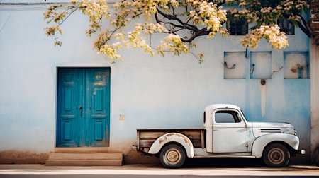 a painting of a truck parked on the side of the roadの素材
