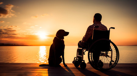 a man in a wheelchair with a dog sitting next to himの素材