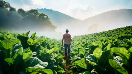 a man standing in a field of tobaccoの素材