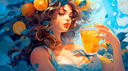 a woman with a glass of lemonade and orangesの素材