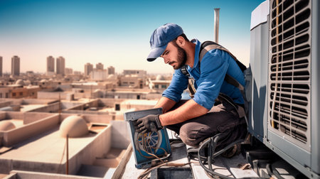 a man working on a rooftop air conditionerの素材