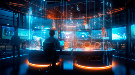 a man sitting at a desk in front of a computerの素材