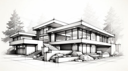 a drawing of a house with a staircaseの素材