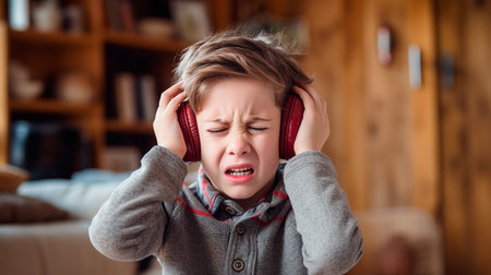 a young boy with headphones on and a concerned look on his faceの素材