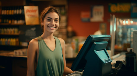 a woman standing behind a counter with a laptopの素材
