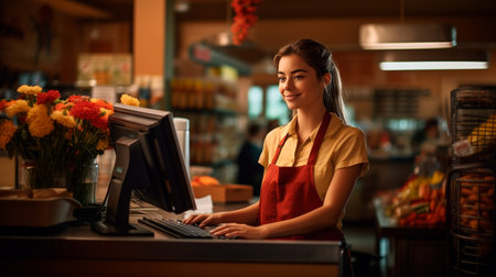 a woman standing behind a counter with a laptopの素材