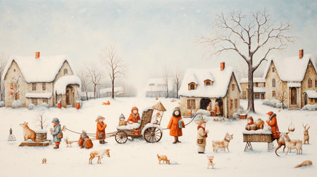 a painting of a village with a horse drawn carriageの素材
