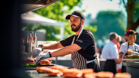 a man cooking food on a grill with flamesの素材