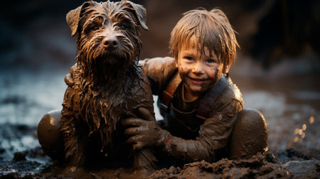 a boy and his dog playing in the mudの素材
