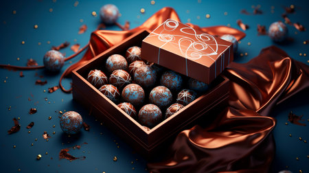 a box of chocolates on a table with a candleの素材