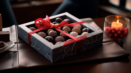 a box of chocolates on a table with a candleの素材
